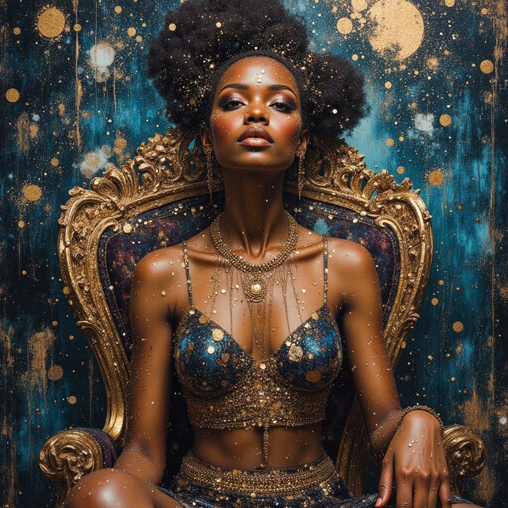 African Goddess Throne in Cosmic Oil Painting Style