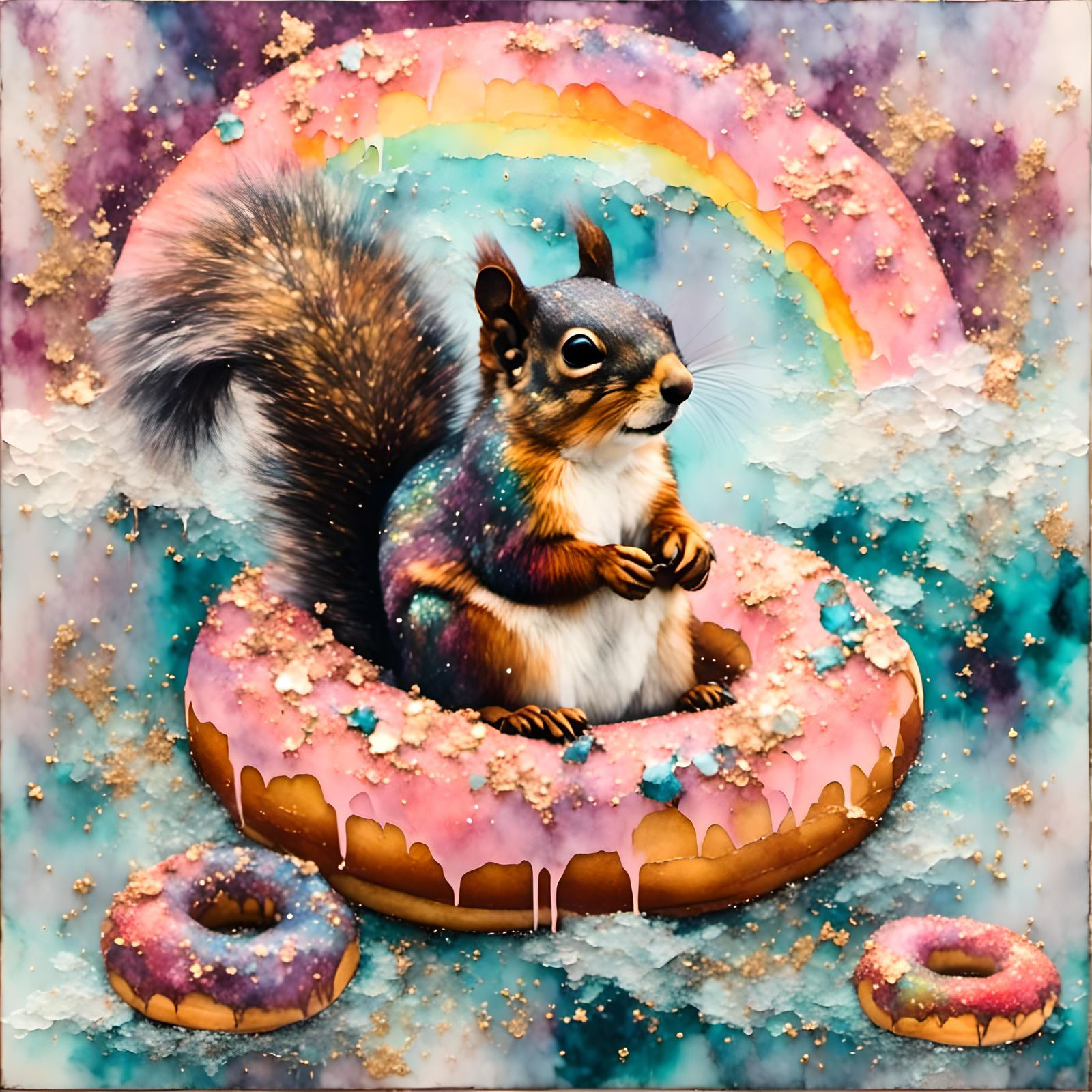 Squirrel on Donut Float: Encaustic Mixed Media