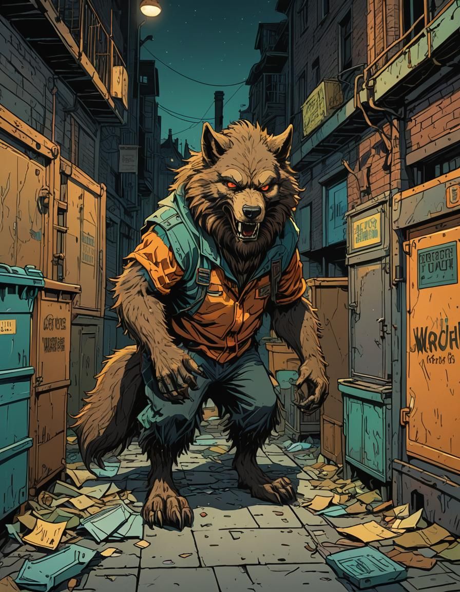 Werewolf in Alleyway: Folk Horror Art