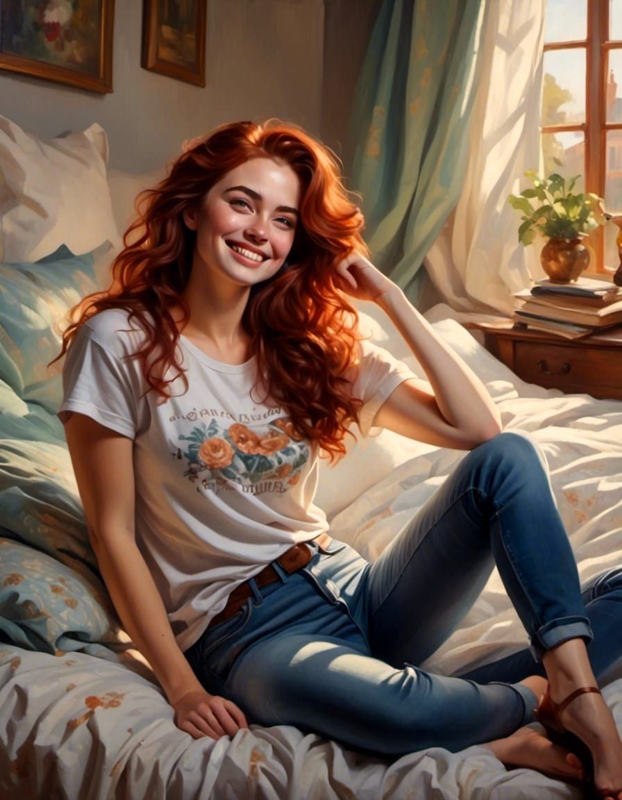 Joyful Woman with Auburn Hair Portrait in Fantasy Style