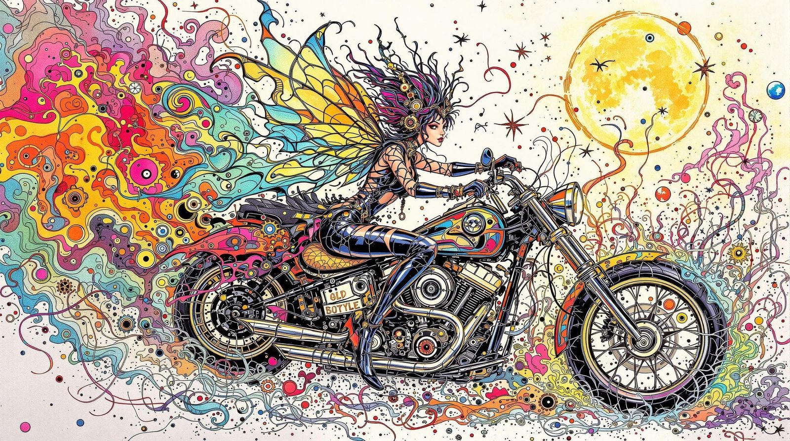 Steampunk Fairy on Harley Davidson: Etched Inked Line Art
