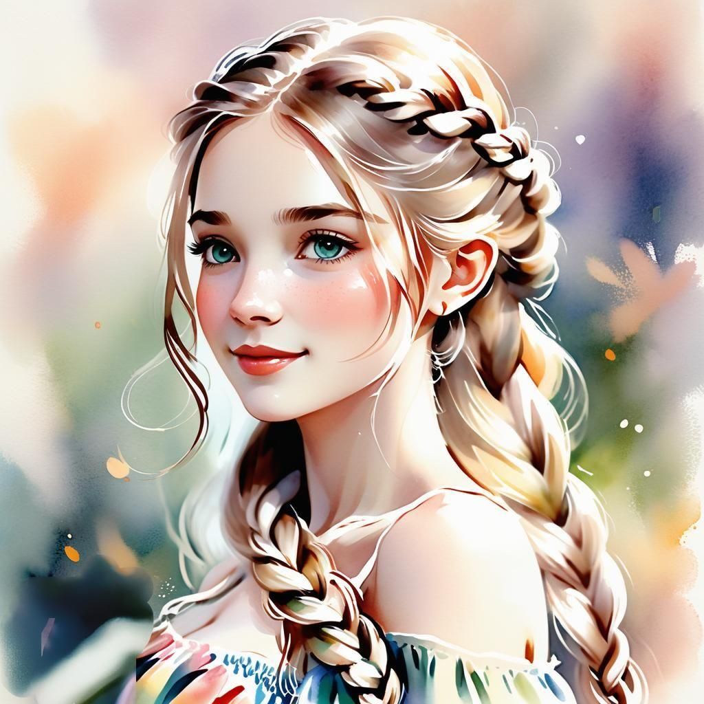 A Serene Young Woman with a Gentle Braid and Wistful Express...