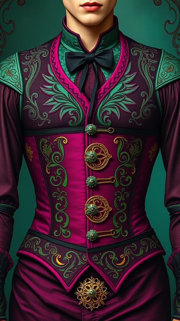 Burgundy Moire' Corset Tim Burton green and magenta contrasting colors deep color art Nouveau baroque impressionism broc...
