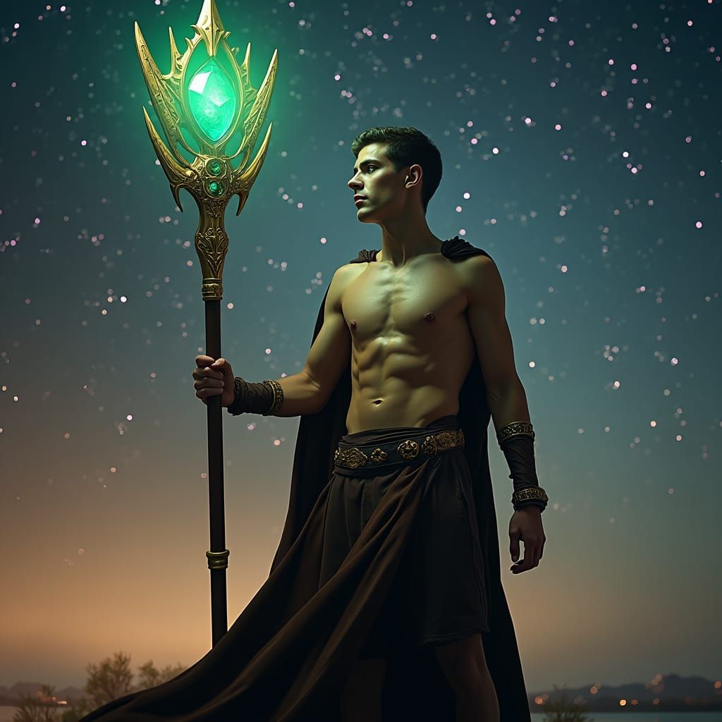 Majestic Mage Under Starry Sky: A Cinematic Still