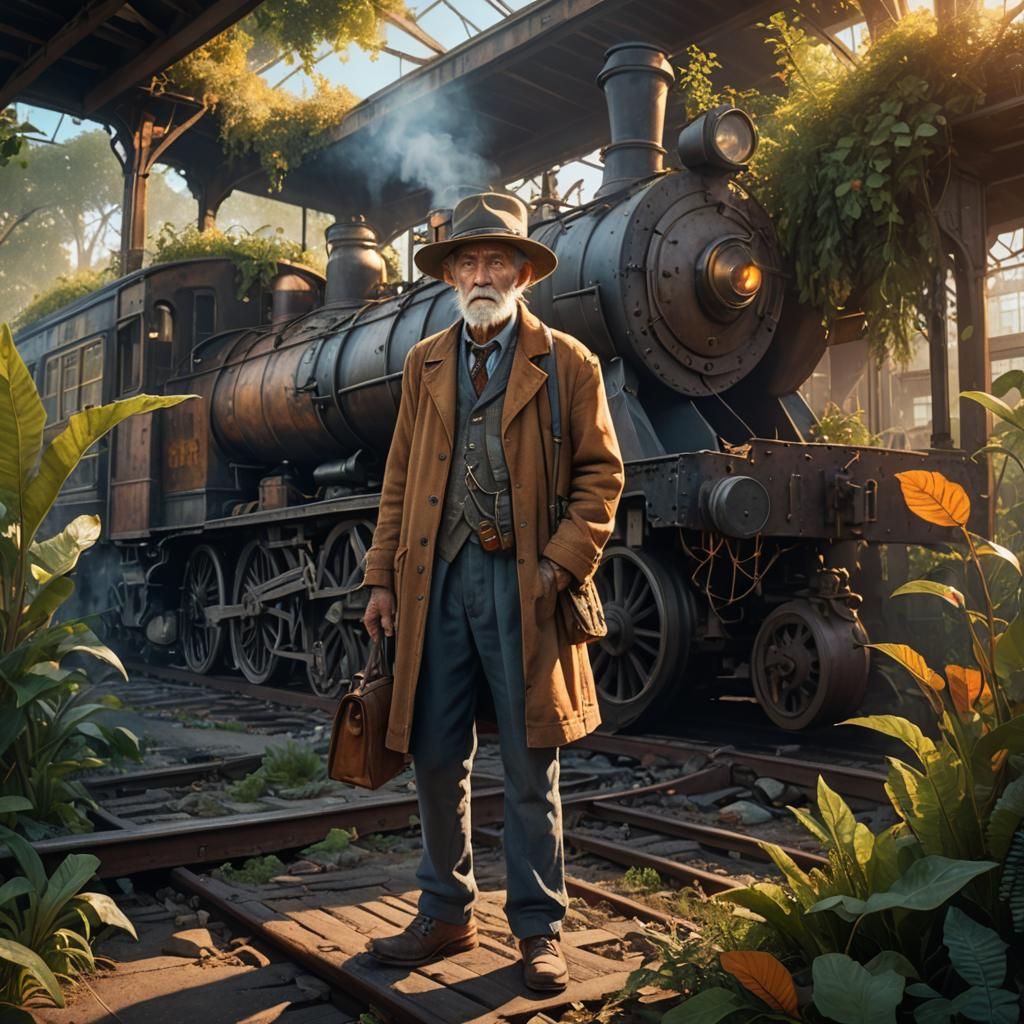 Old Man Waiting at Overgrown Train Station