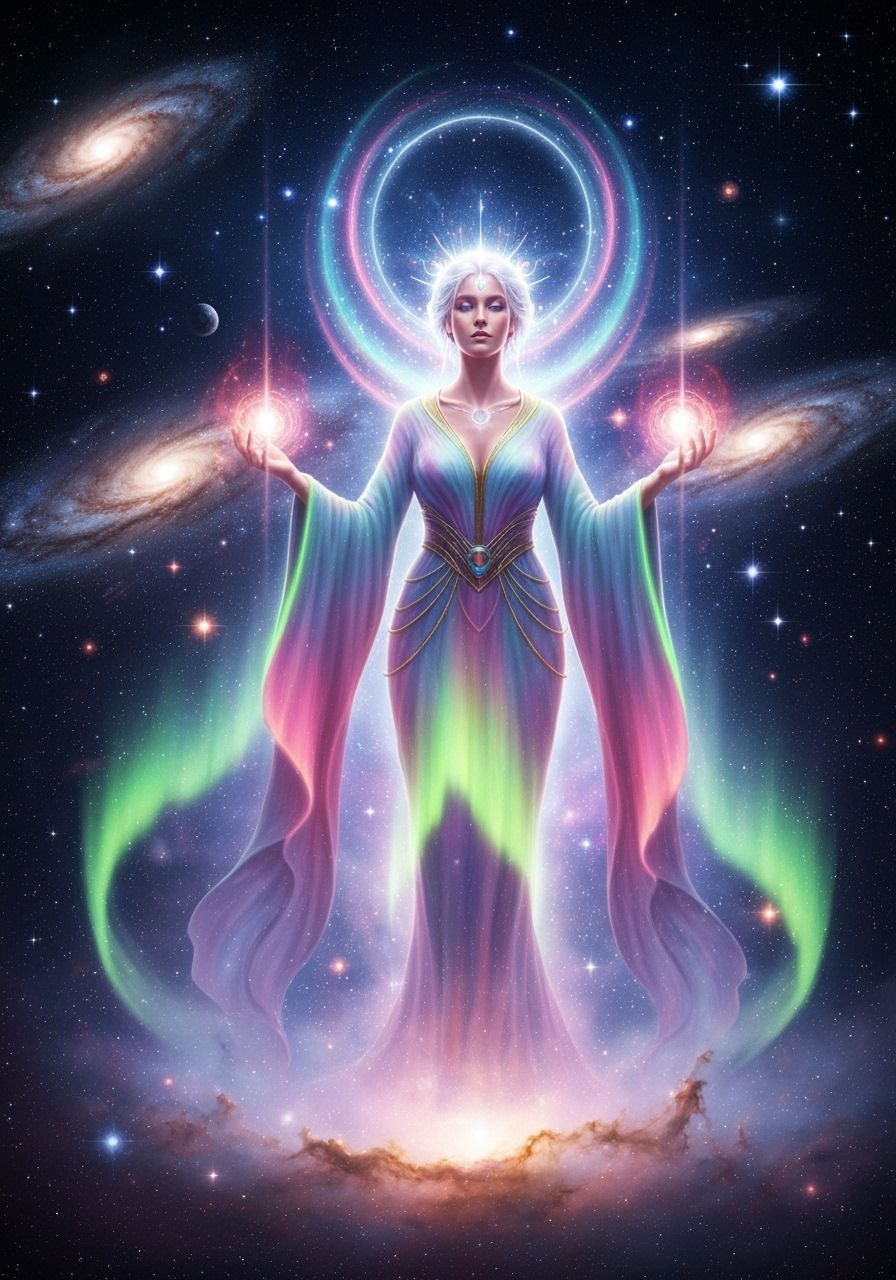 Cosmic Goddess Emerges from Nebula in Majestic Style