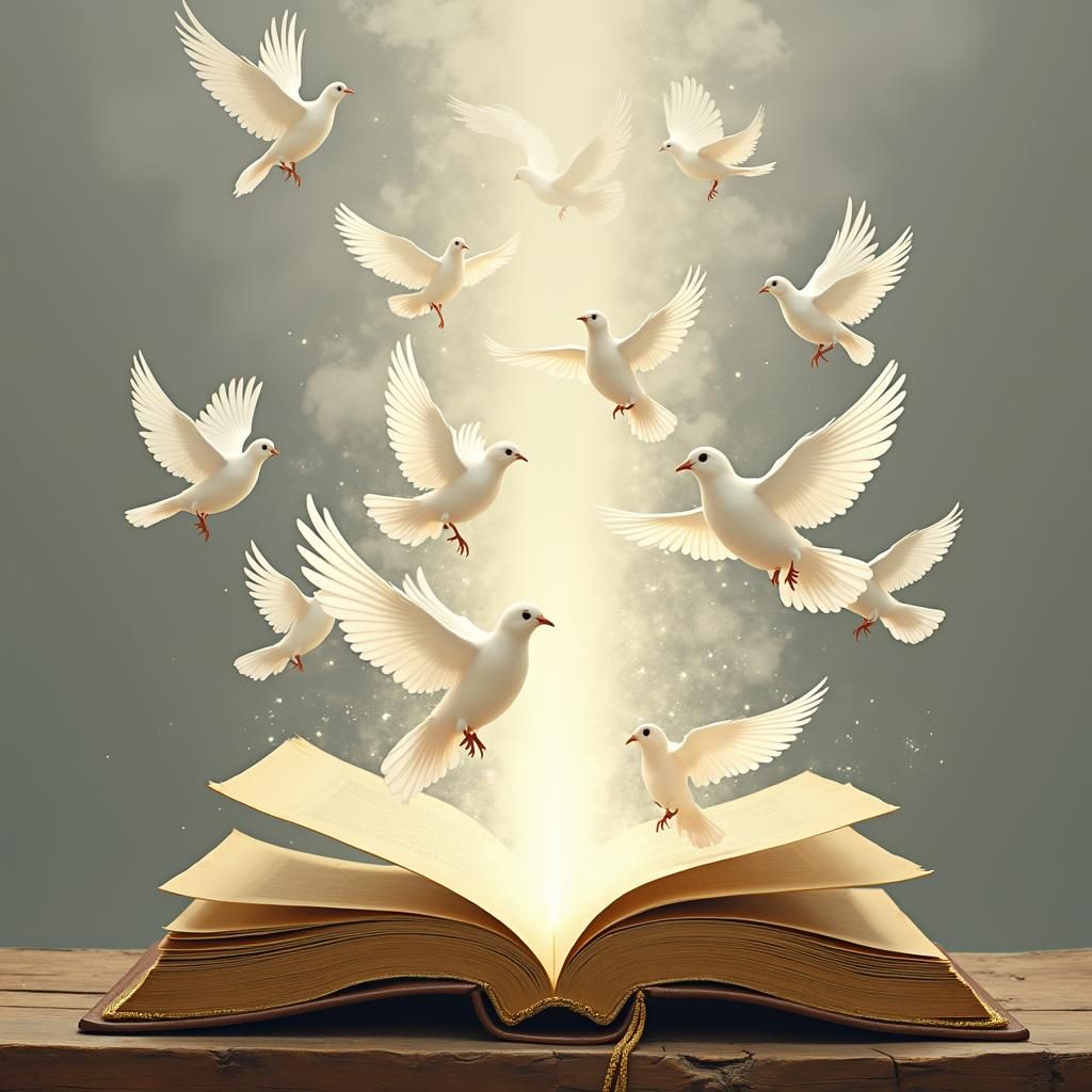 Doves Ascending From Open Book in Dreamy Style