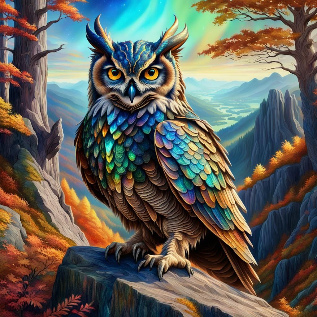 Dragon Owl with Iridescent Scales in Autumn Forest