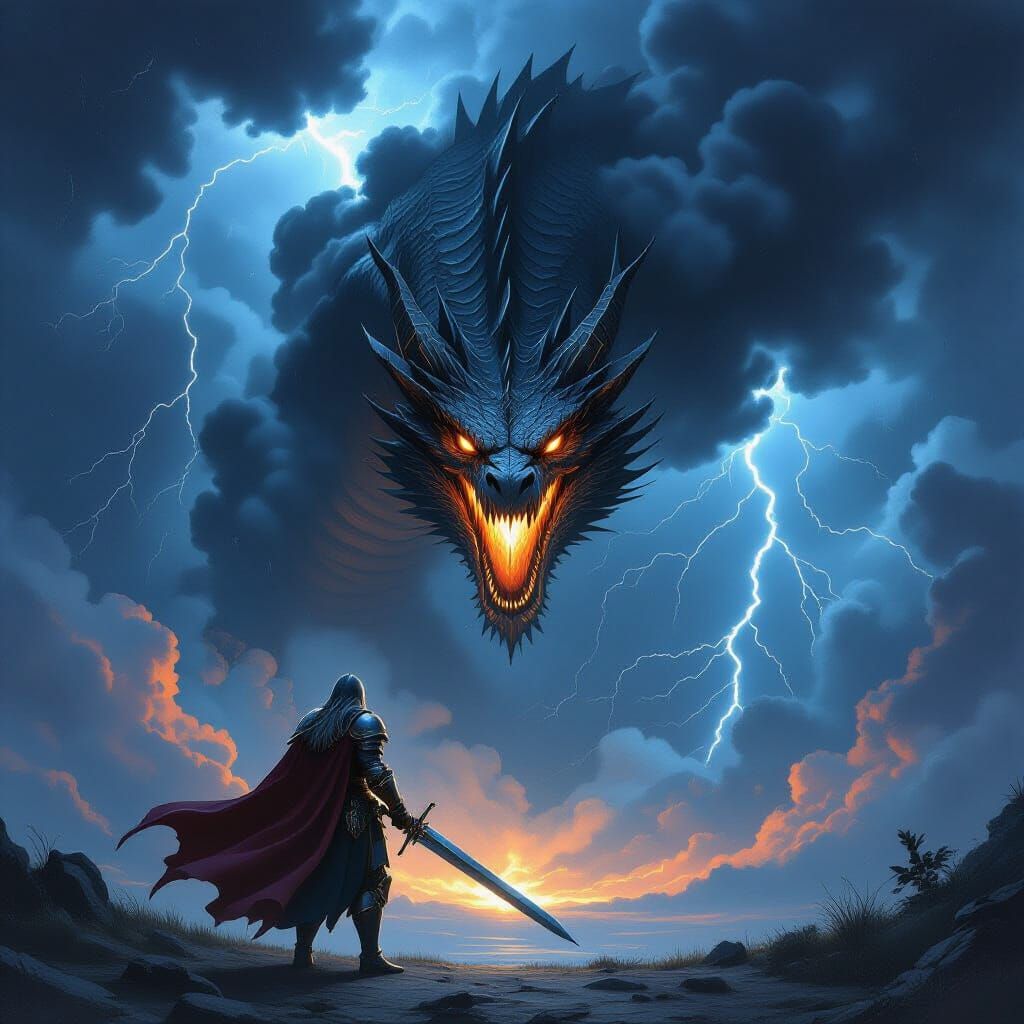 Knight and Dragon Face Off on Stormy Night