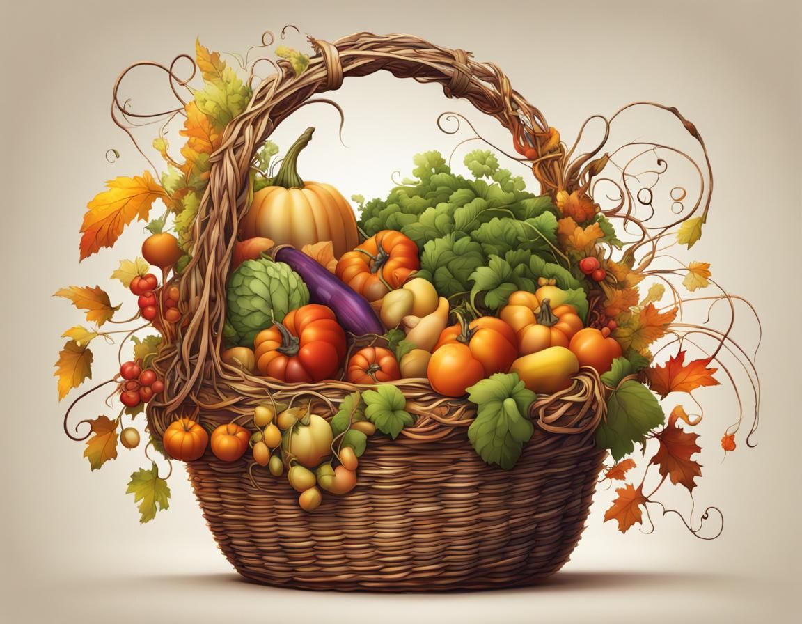 Overgrown Harvest Basket in Detailed Illustration