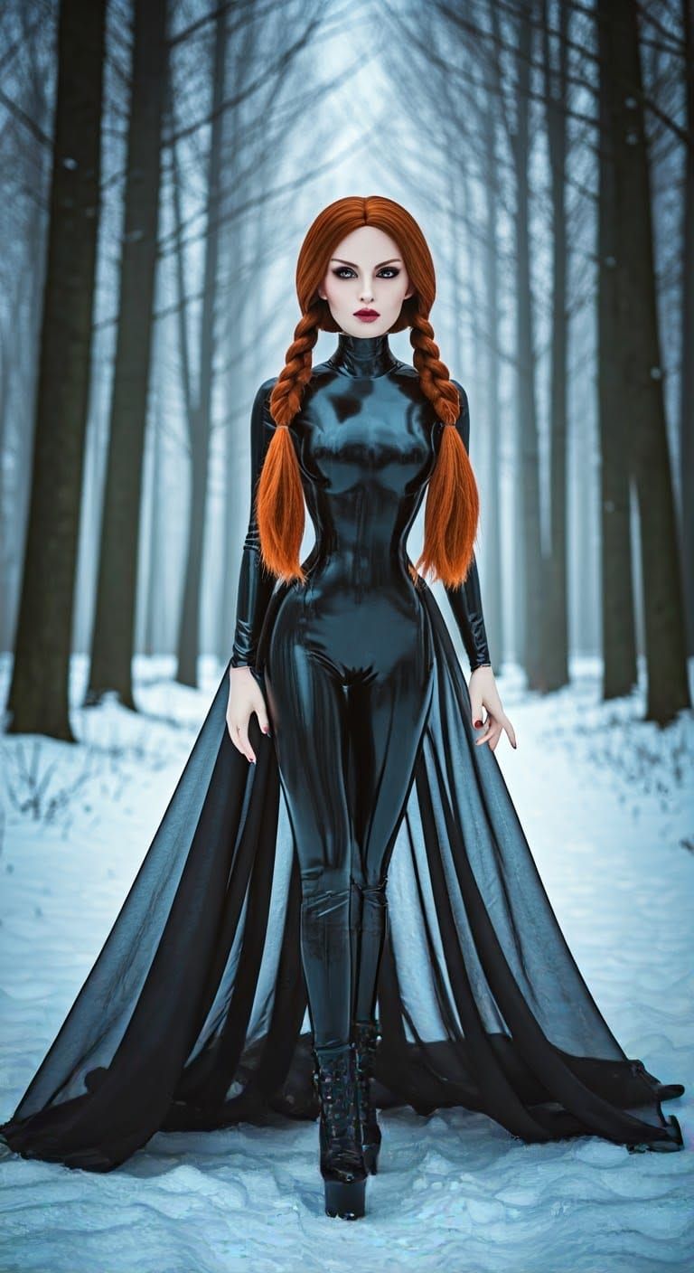 In a fog-laden forest, a striking 25 year old woman stands on a snow-dusted pathway. The setting is tranquil, with tall,...