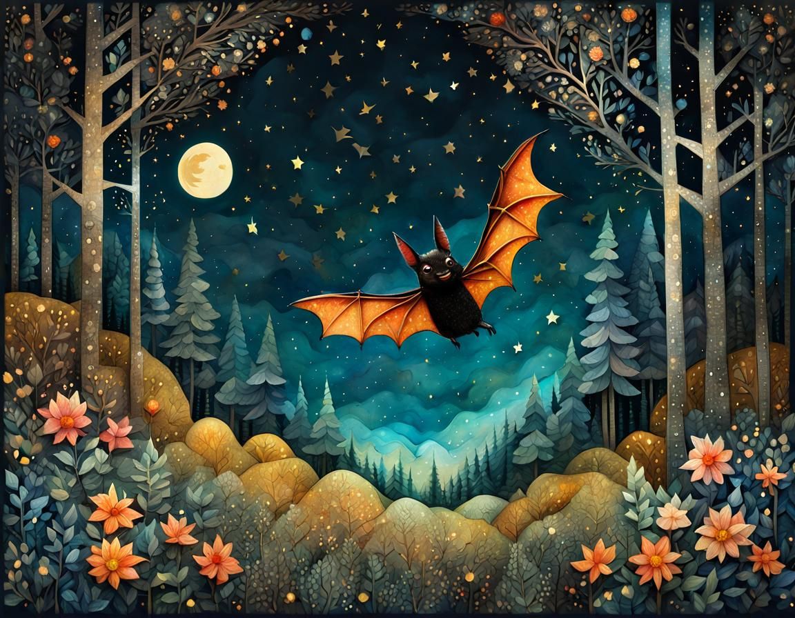 Whimsical Bat Soaring Through Forest Night: 3D Collage