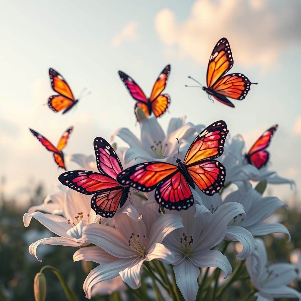 Dancing Butterflies Around White Lilies in Stunning 3D