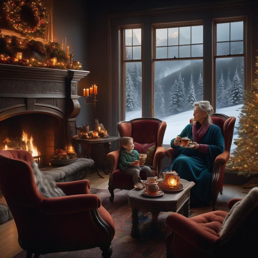 Cozy Scene: Grandmother, Grandchildren, and Winter Deer