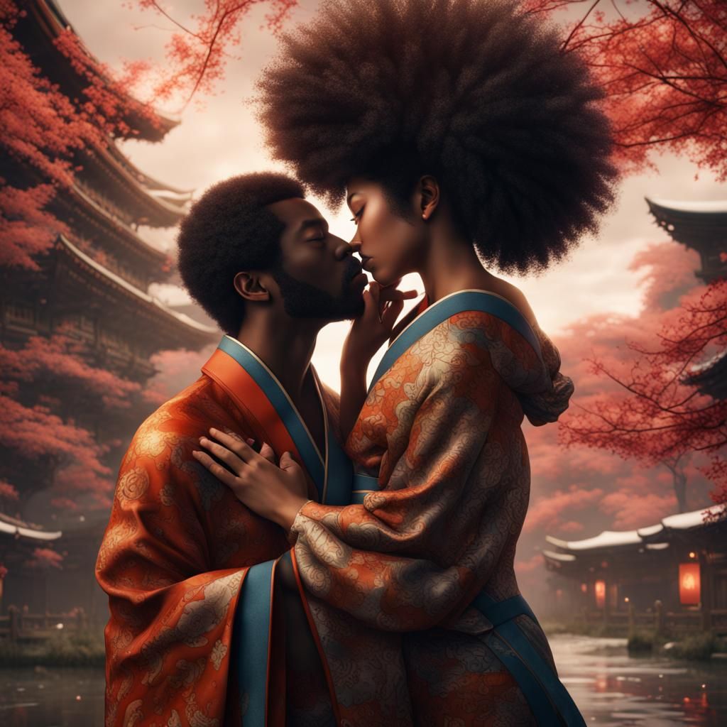 Japanese Woman Kissing Black Man: Detailed Matte Painting
