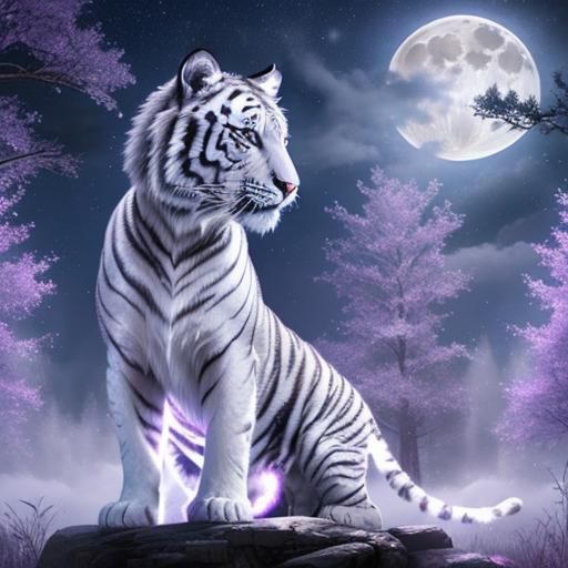 Fantasy White Tiger under Starry Moonlit Sky