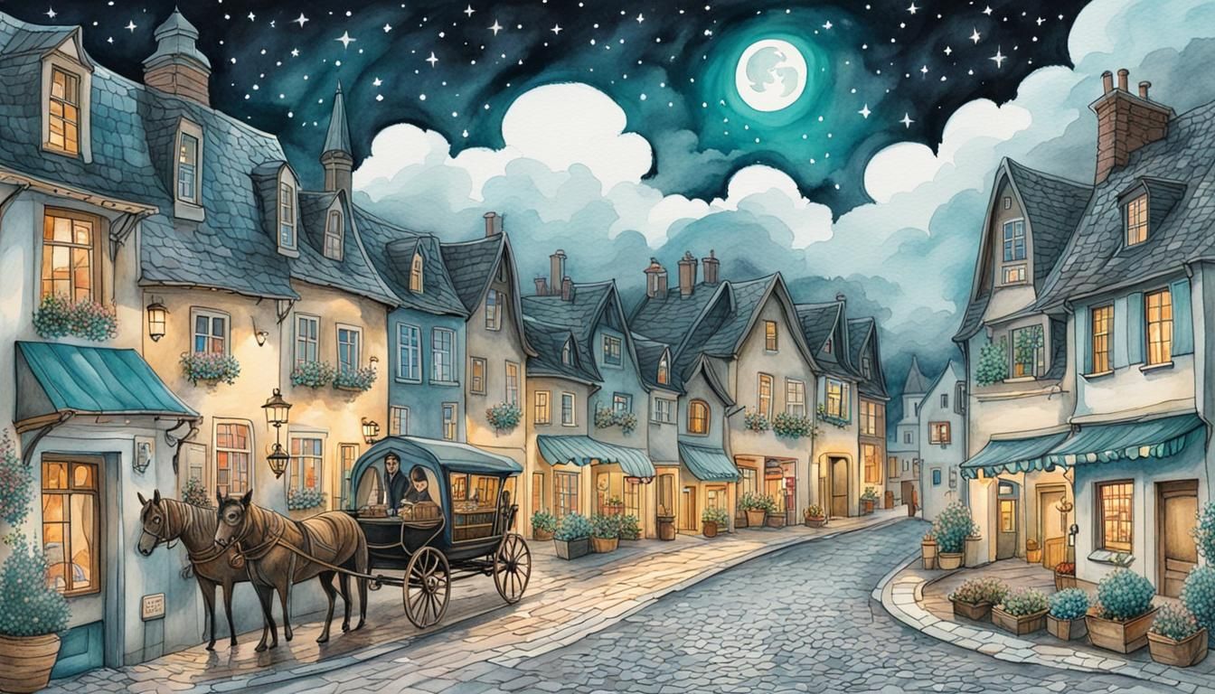 European Village Night Street Watercolor Line Drawing