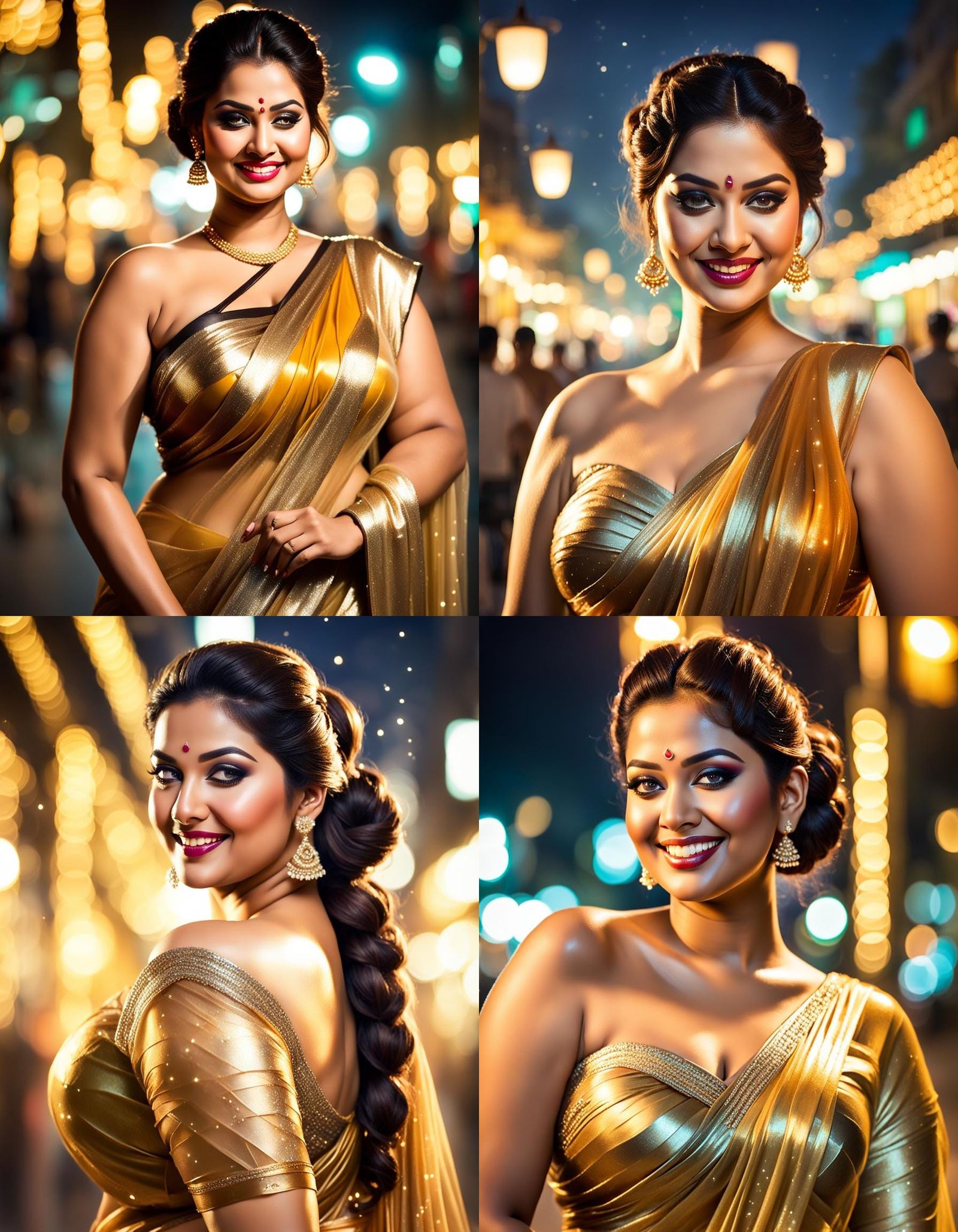 Curvy Woman in Golden Saree, Painterly Portrait
