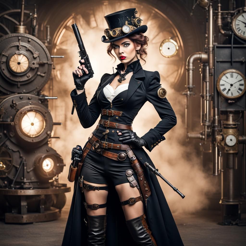 Steampunk Woman Poses with Guns
