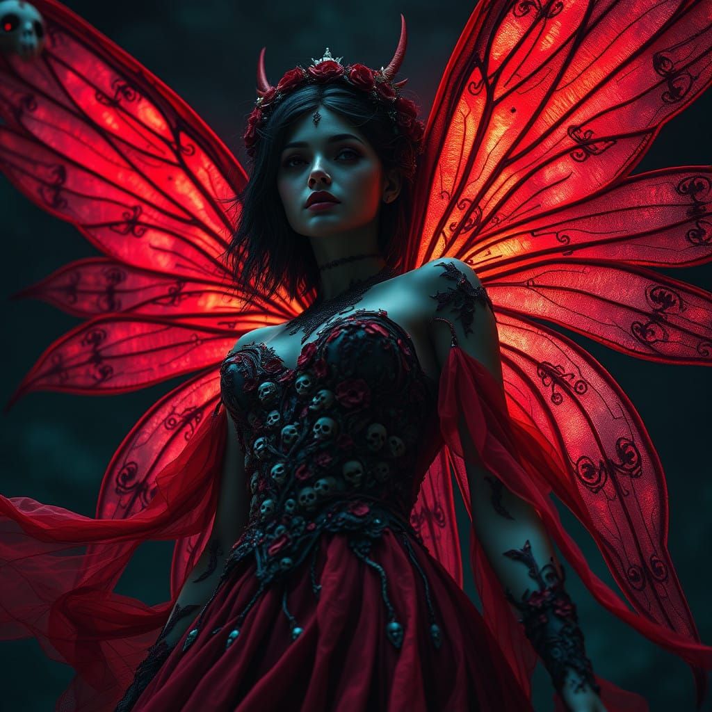 Hyper-Realistic Fairy Collector in Red Dress with Intricate....