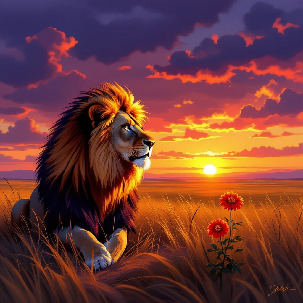 Lion Surveys Savanna Sunset in Dramatic Lighting