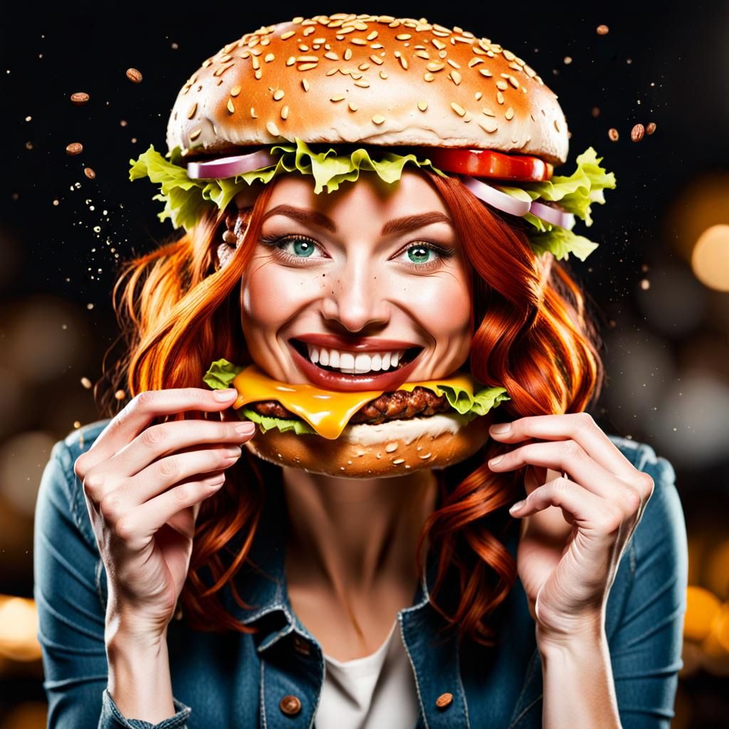 Redhead Laughing with Huge Burger, Splash Art