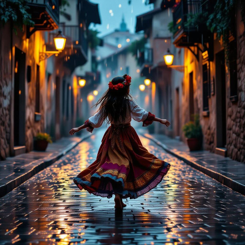 Roma Girl Dancing in Night Rain