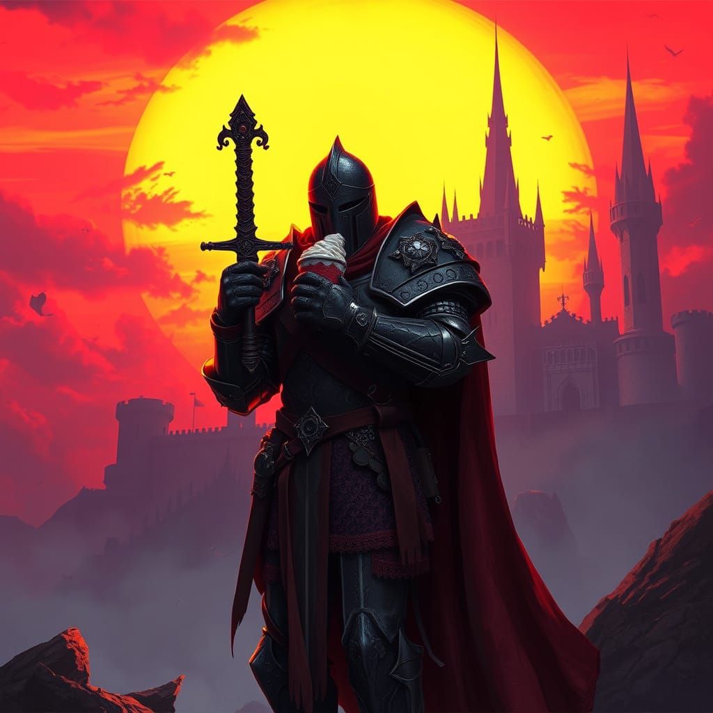 Knight Silhouetted at Sunset with Ice Cream