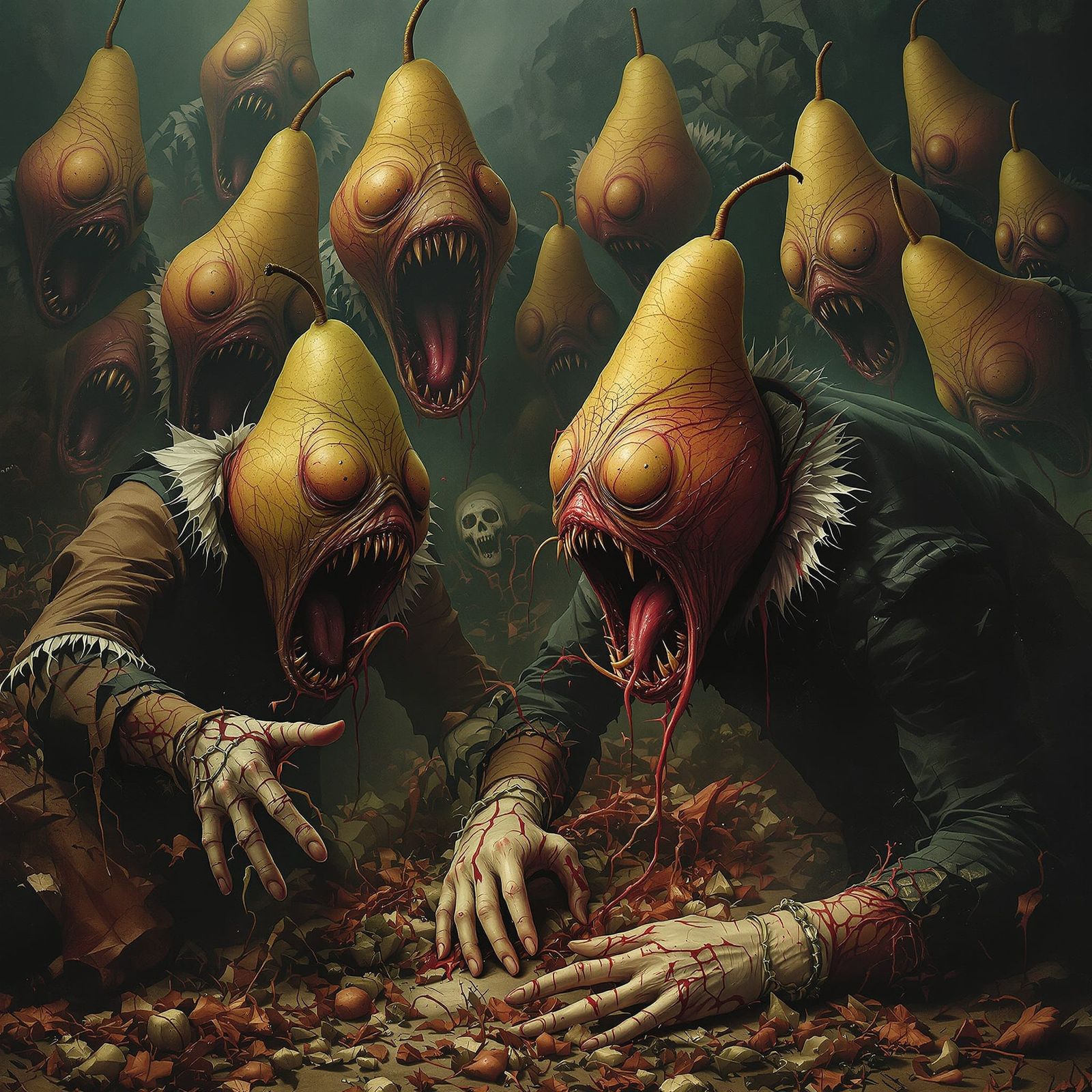 Carnivorous Pears Devouring Humans in Gothic Cyberpunk Style