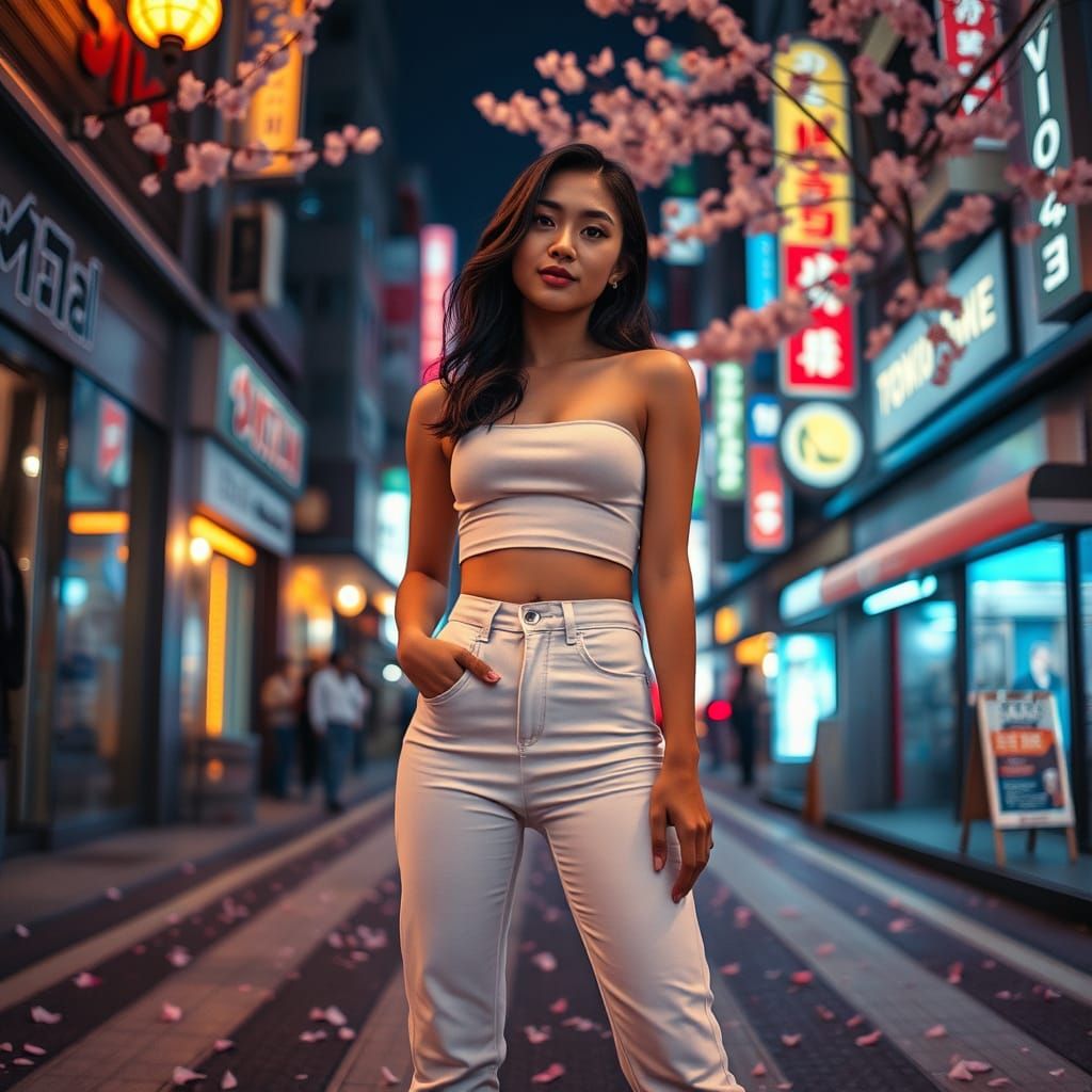 Woman Poses in Neon Tokyo Street