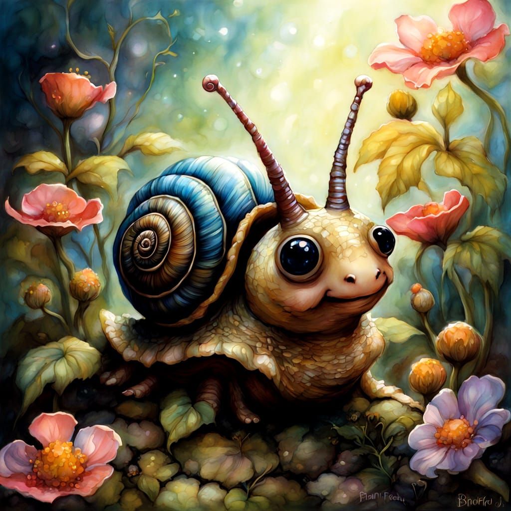 Chibi Snail's Garden Adventure: Alcohol Ink Fantasy