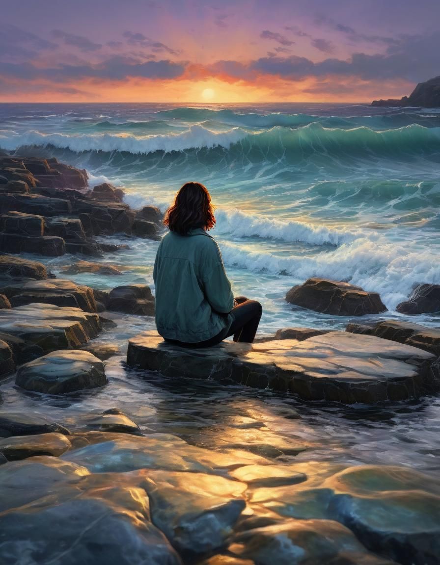 Girl Admiring Sea at Dawn in Watercolor Style