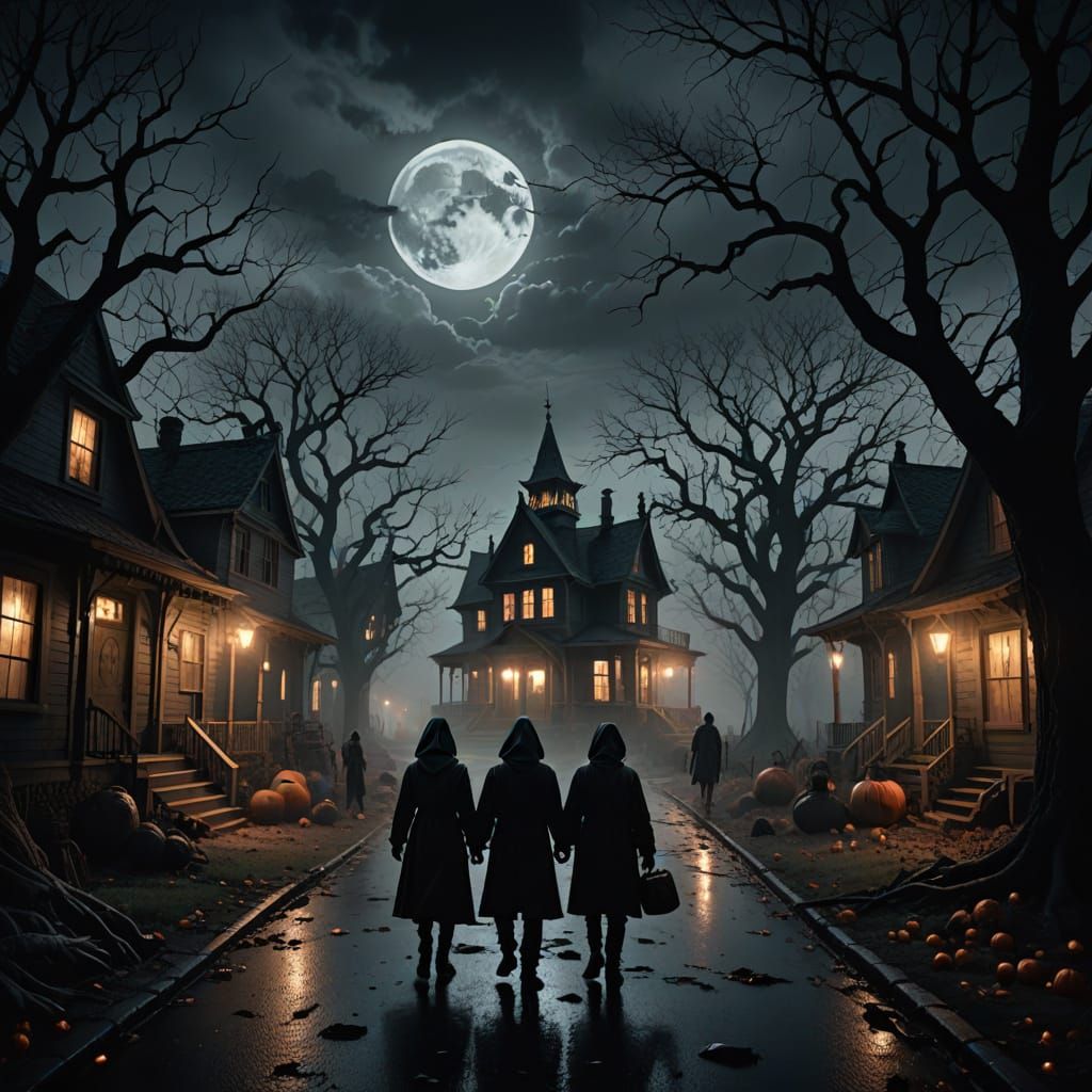 Dark Fantasy Halloween Night with Creepy Costumed Children