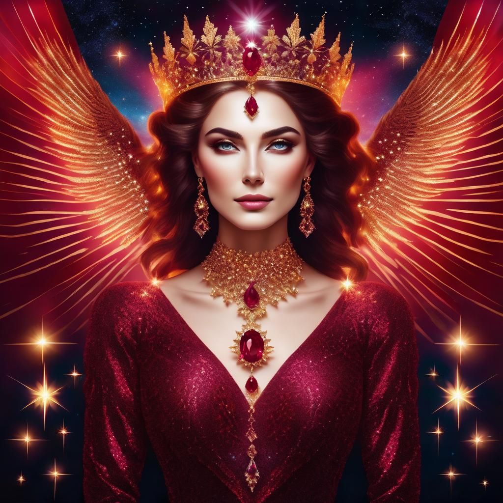 Ruby Woman Amidst Glittering Stars and Wildlife