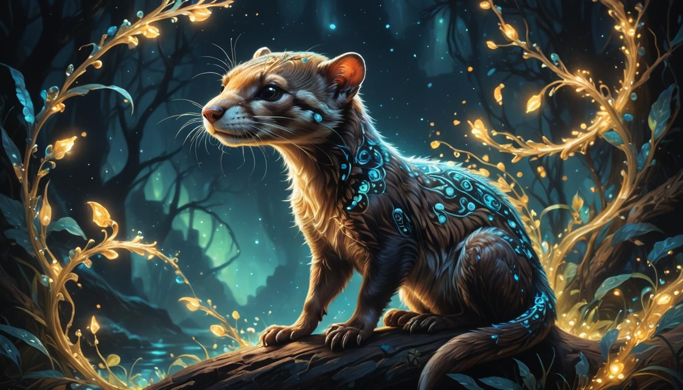 Bioluminescent Weasel in Ornate Fantasy Oil Painting