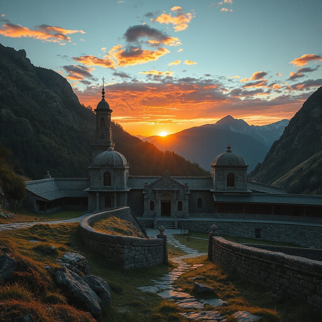Mountain Monastery at Sunset in Digital Art Style