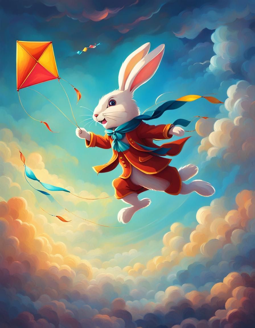 Rabbit Flying a Kite in Dreamy Sky