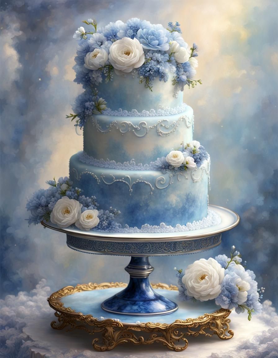 Elegant Blue and White Birthday Cake with Flowers