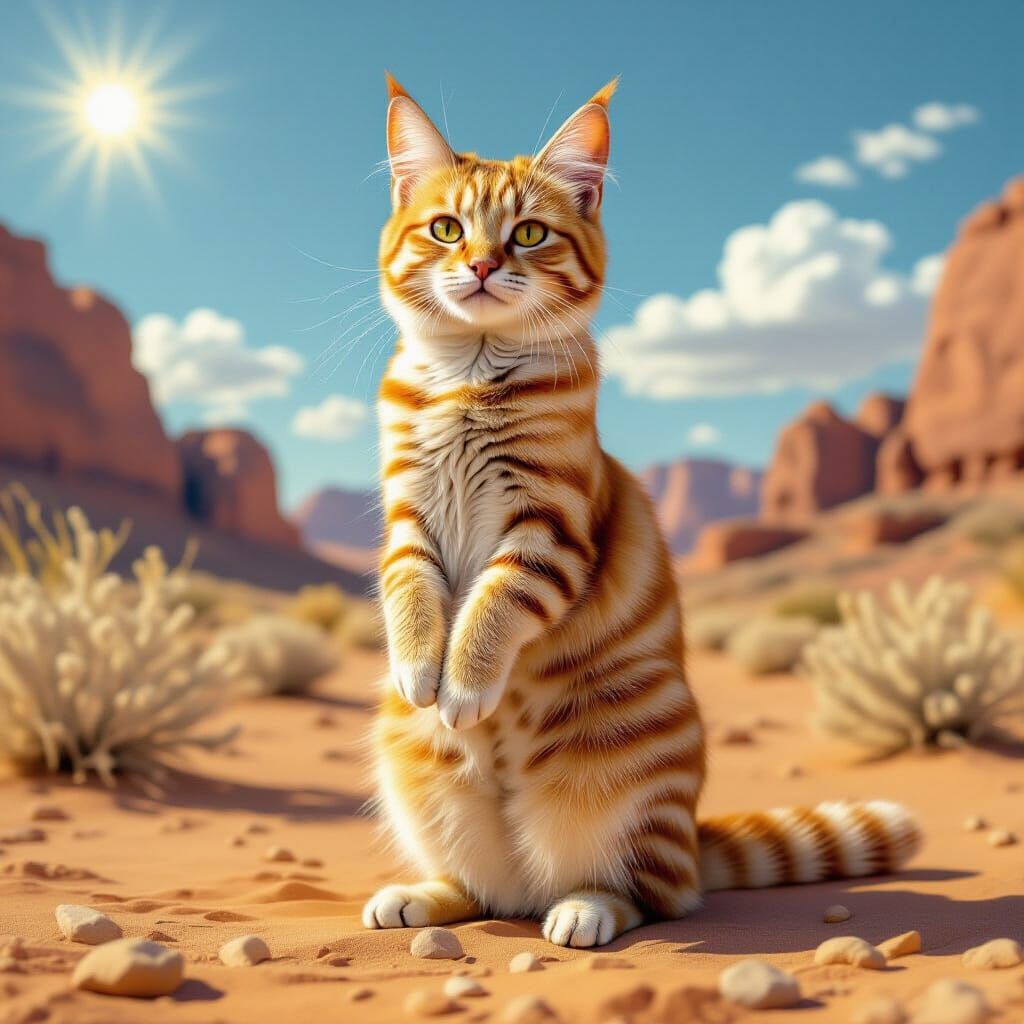 Fluffy Cat Disguised As Meerkat in Desert