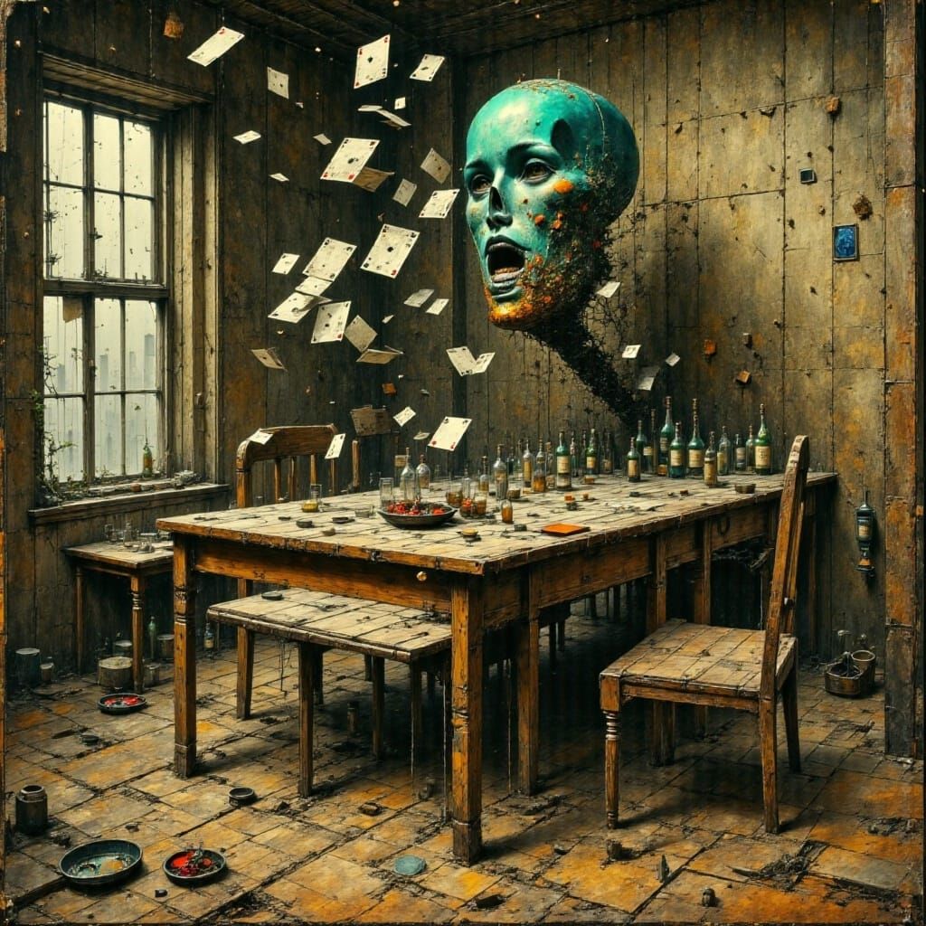 Distorted Face Over Whiskey Bottles in Dim Room