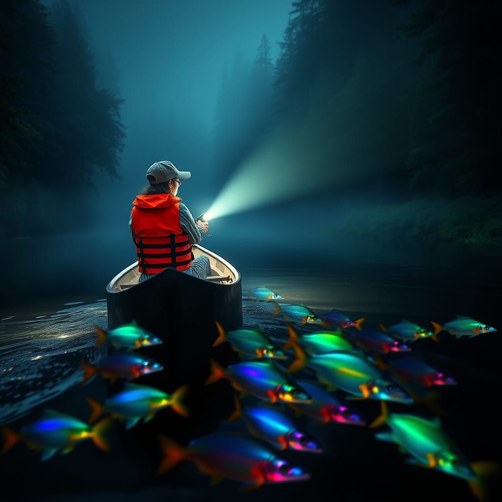 Serene River Landscape with Phosphorescent Fish