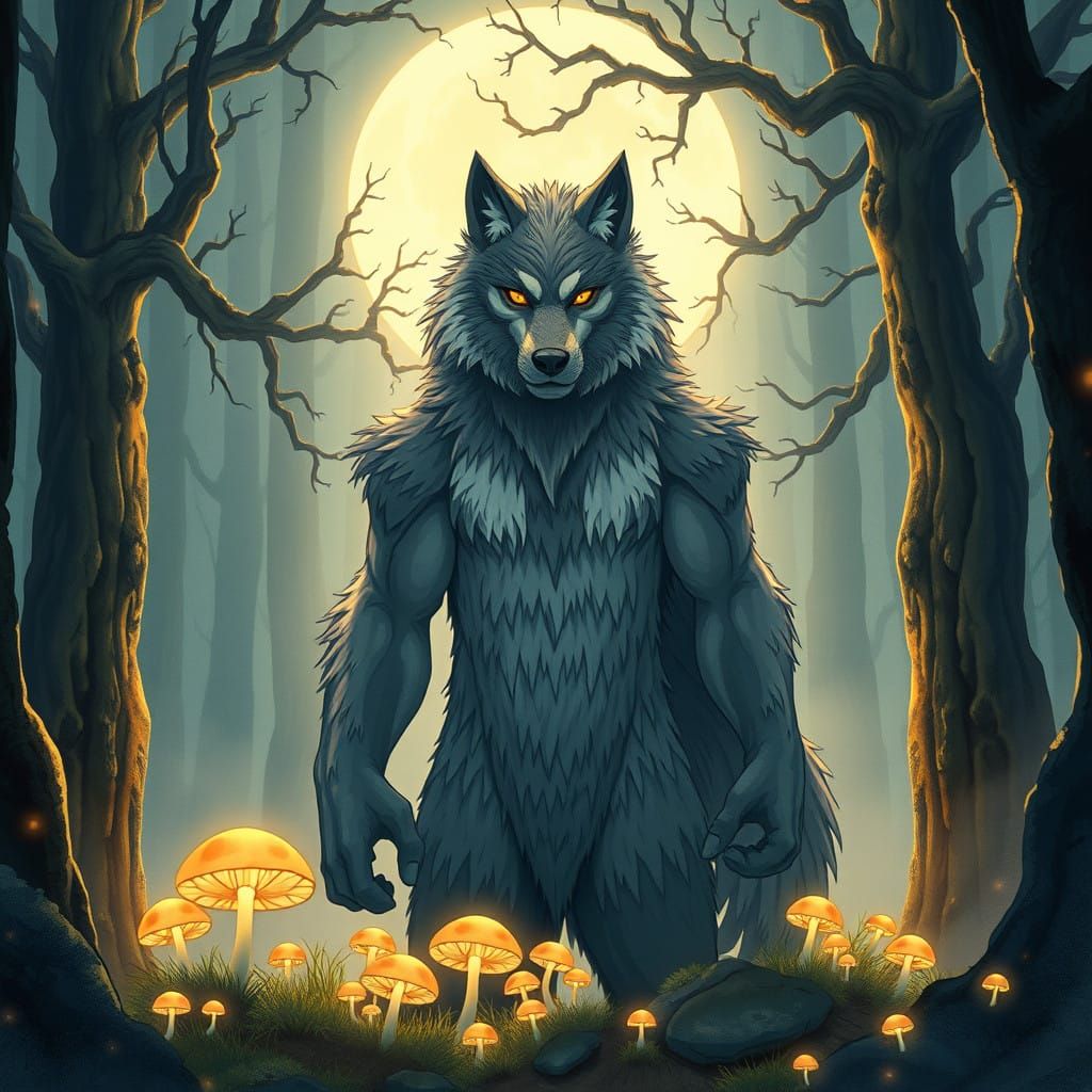 Ethereal Wolf Man in Whimsical Forest