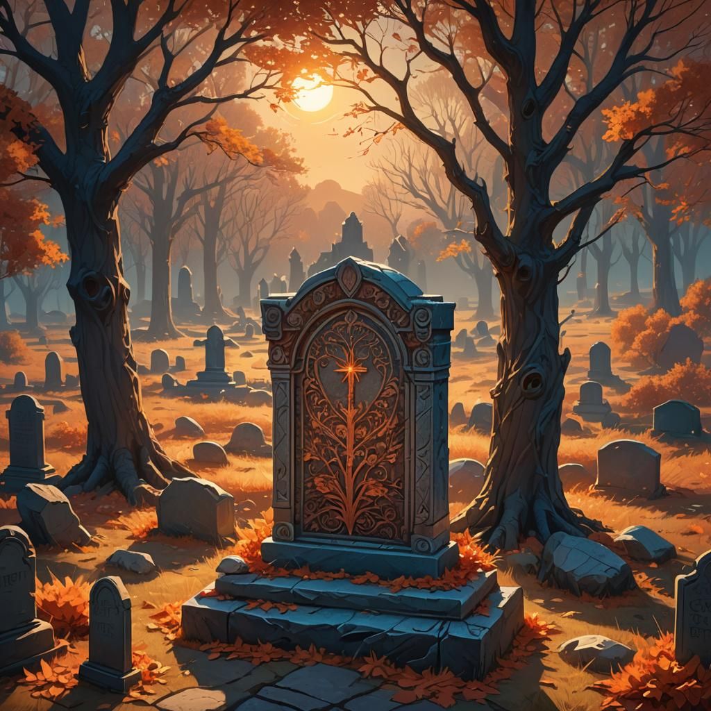 Autumn Tombstone in Epic Fantasy Landscape