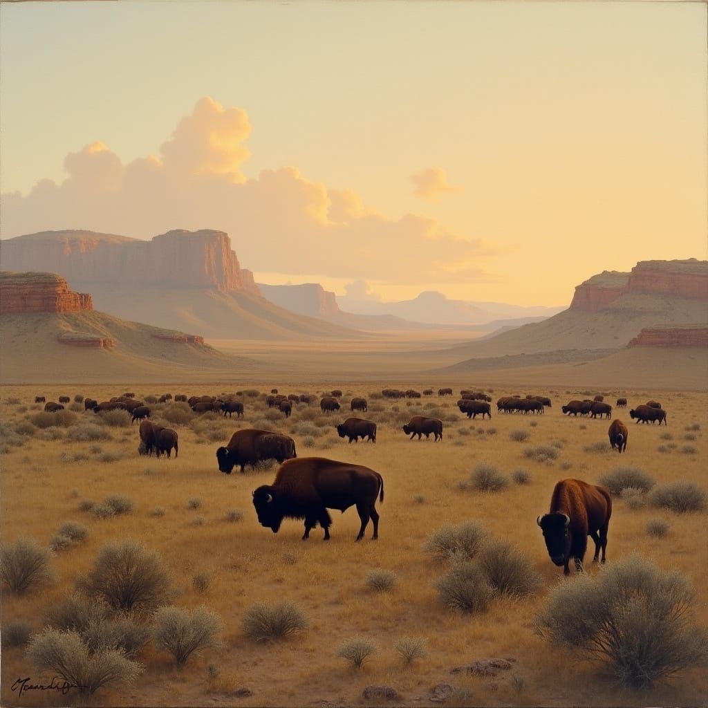 Bison Roam Badlands at Dawn in a Bierstadt-Inspired Landscap...