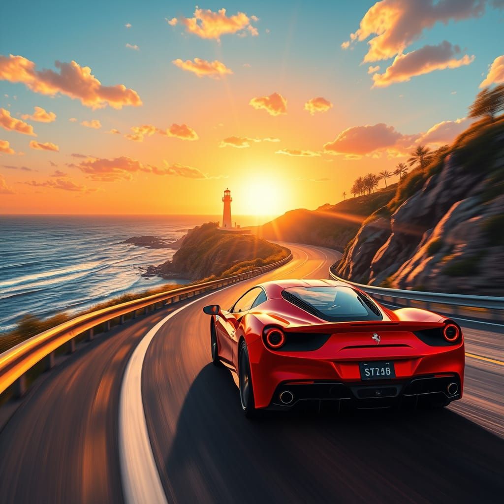 Red Ferrari Speeds Down Coastal Highway at Sunset