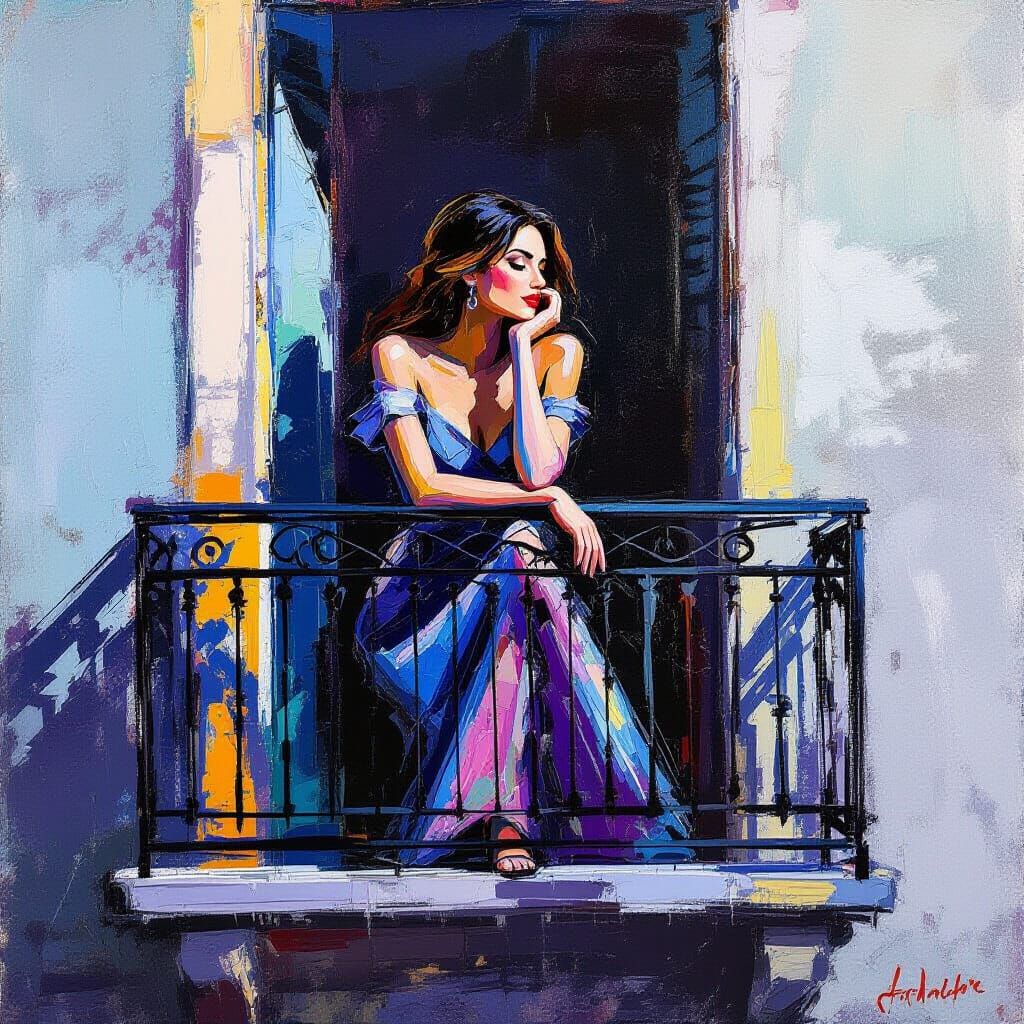 Woman on Parisian Balcony in Abstract Expressionist Style
