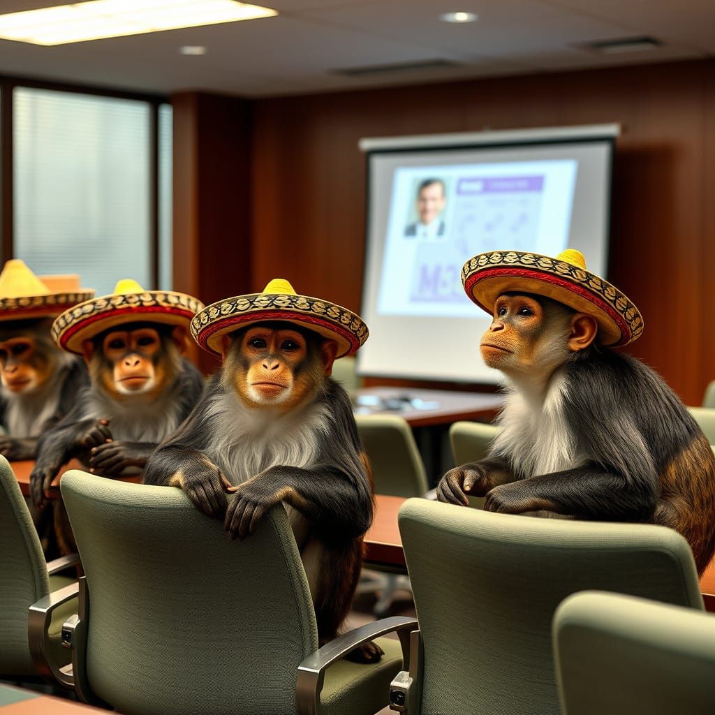 Monkeys in Sombreros Attend Office Meeting