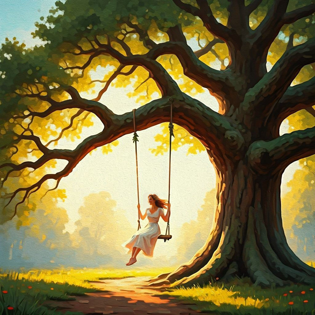 Woman on Swing in Golden Light: Impasto Painting