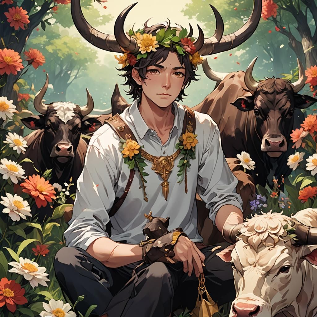 Taurus Boy with Bull in Anime Style