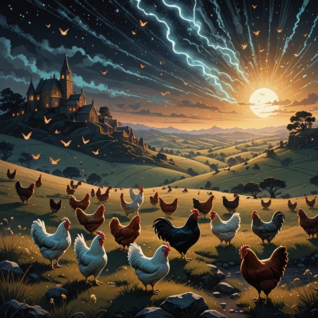 Chickens Pecking Crystal Shards in Cosmic Landscape